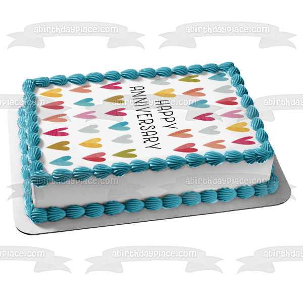 Happy Anniversary Colorful Hearts Edible Cake Topper Image ABPID57228
