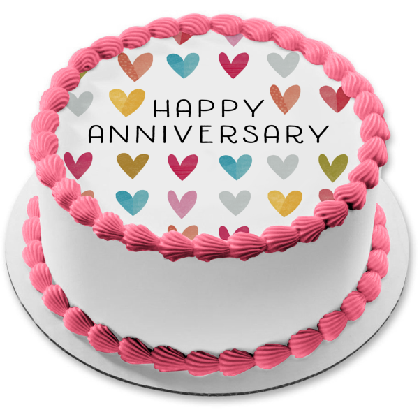Happy Anniversary Colorful Hearts Edible Cake Topper Image ABPID57228