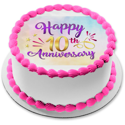Happy 10th Anniversary Gold Stars Edible Cake Topper Image ABPID57215