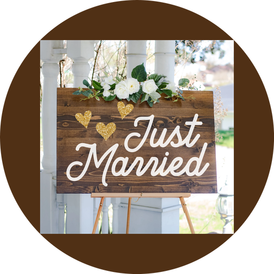 Just Married Wedding Day Hearts and Flowers Edible Cake Topper Image ABPID57233