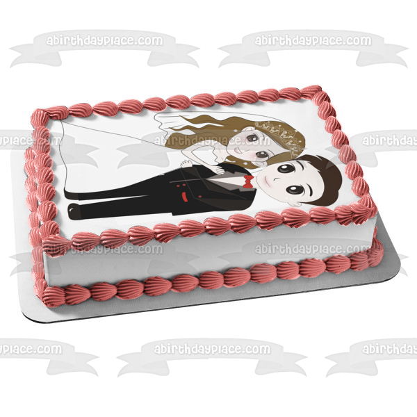 Bride and Groom Wedding Day Illustration Edible Cake Topper Image ABPID57234