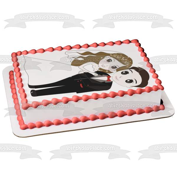 Bride and Groom Wedding Day Illustration Edible Cake Topper Image ABPID57234