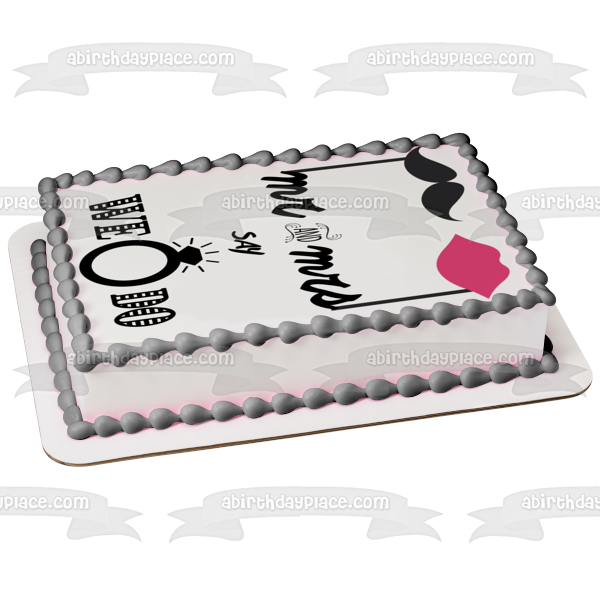 Día de la boda El Sr. y la Sra. Dicen que hacemos Anillo de diamantes Ilustración con bigote y labios rosados ​​Adorno comestible para pastel Imagen ABPID57218 