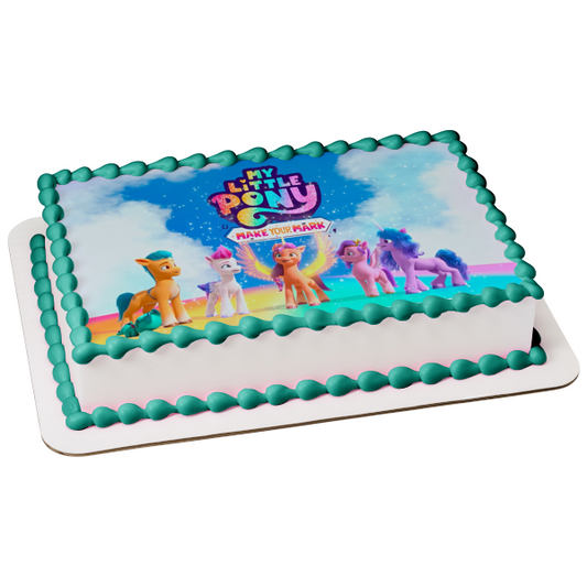 My Little Pony Make Your Mark Izzy Moonbow Pipp Pétalos y Hitch Trailblazer Adorno comestible para tarta Imagen ABPID57251 