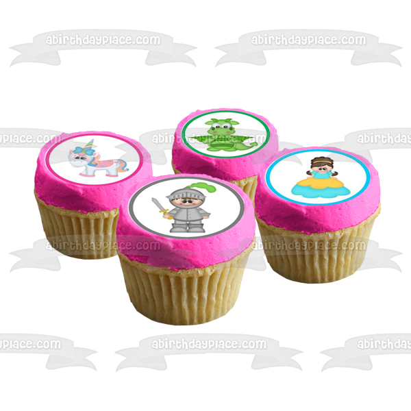 Princess Green Dragon Knight and Unicorns Edible Cupcake Topper Images ABPID04889