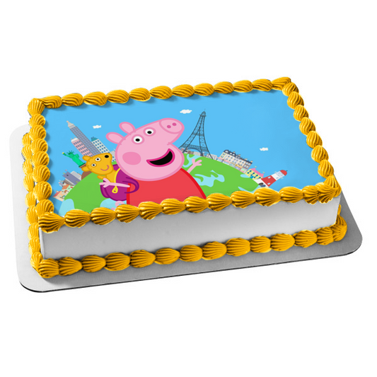 Peppa Pig World Adventures Teddy la Torre Eiffel y los faros Adorno comestible para tarta Imagen ABPID57350 