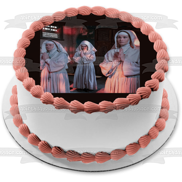 Decoración comestible para tarta con diseño de Narciso negro, hermana Clodagh y hermana Ruth, imagen ABPID57389 