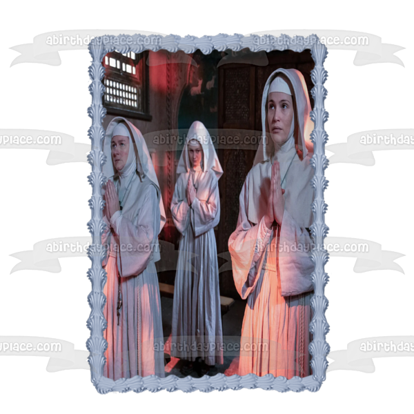 Decoración comestible para tarta con diseño de Narciso negro, hermana Clodagh y hermana Ruth, imagen ABPID57389 