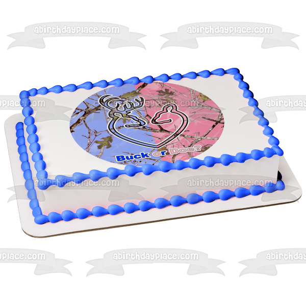 Buck or Doe Gender Reveal Blue and Pink Camo Edible Cake Topper Image ABPID57433