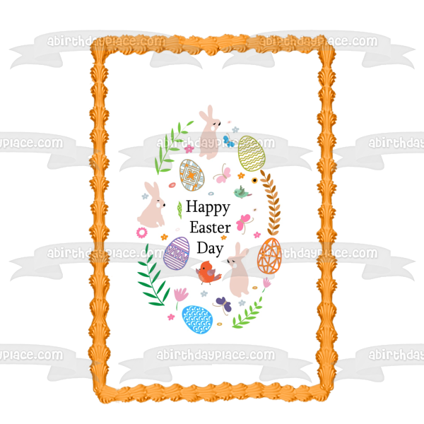 Happy Easter Day Rabbit Easter Eggs Baby Chick and Butterflies Edible Cake Topper Image ABPID57445