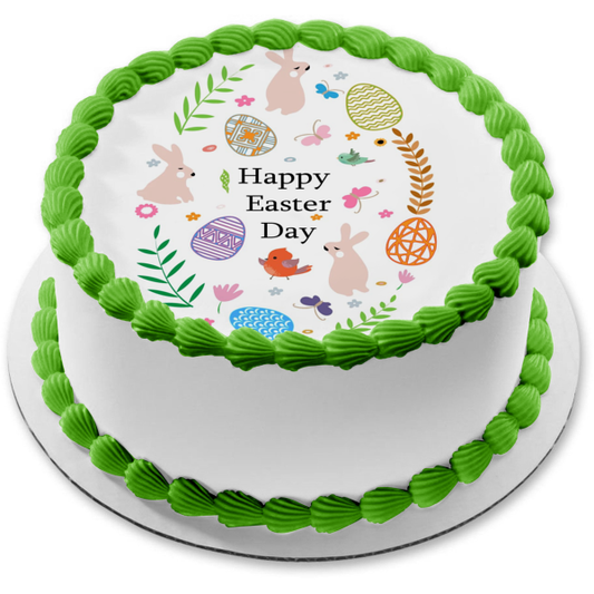 Happy Easter Day Rabbit Easter Eggs Baby Chick and Butterflies Edible Cake Topper Image ABPID57445