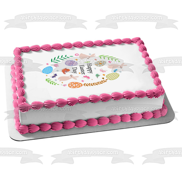 Happy Easter Day Rabbit Easter Eggs Baby Chick and Butterflies Edible Cake Topper Image ABPID57445
