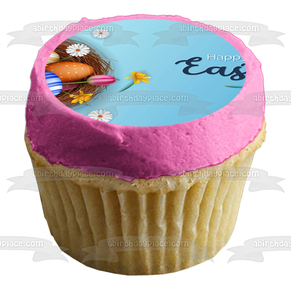 Happy Easter Colorful Flowers and Easter Eggs Edible Cake Topper Image ABPID57466