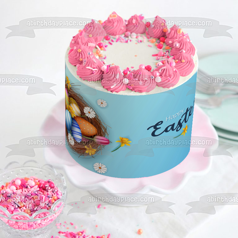 Happy Easter Colorful Flowers and Easter Eggs Edible Cake Topper Image ABPID57466