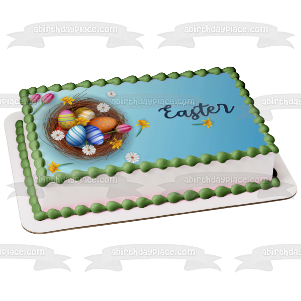Happy Easter Colorful Flowers and Easter Eggs Edible Cake Topper Image ABPID57466