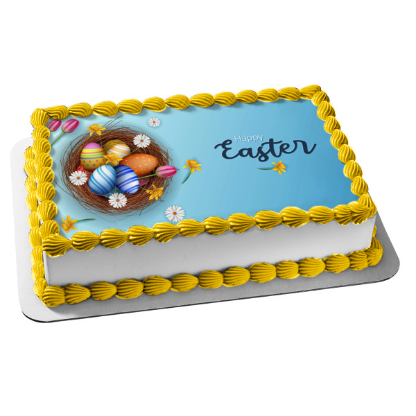 Happy Easter Colorful Flowers and Easter Eggs Edible Cake Topper Image ABPID57466