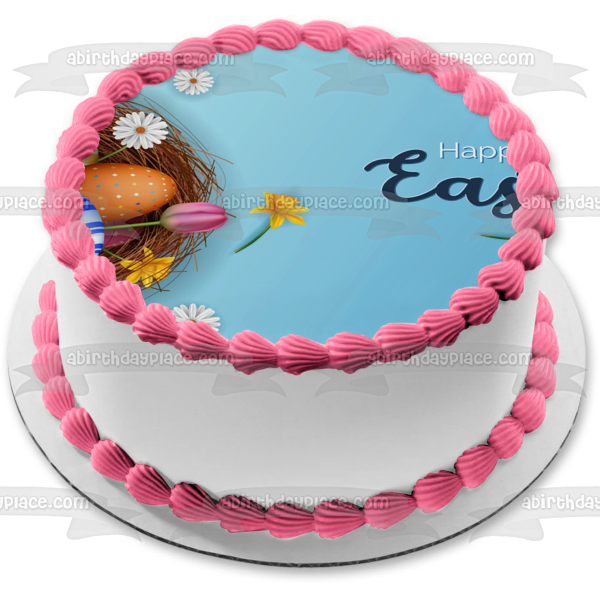 Happy Easter Colorful Flowers and Easter Eggs Edible Cake Topper Image ABPID57466