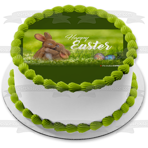 Happy Easter Colorful Easter Eggs and Bunnies Hugging Edible Cake Topper Image ABPID57449