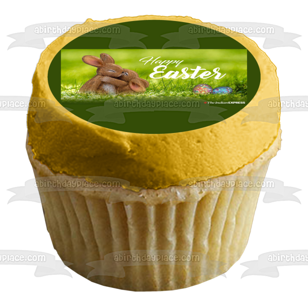 Happy Easter Colorful Easter Eggs and Bunnies Hugging Edible Cake Topper Image ABPID57449