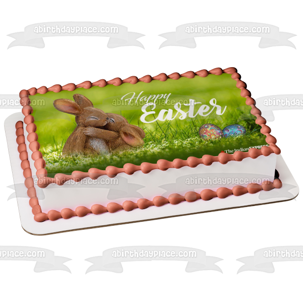 Happy Easter Colorful Easter Eggs and Bunnies Hugging Edible Cake Topper Image ABPID57449