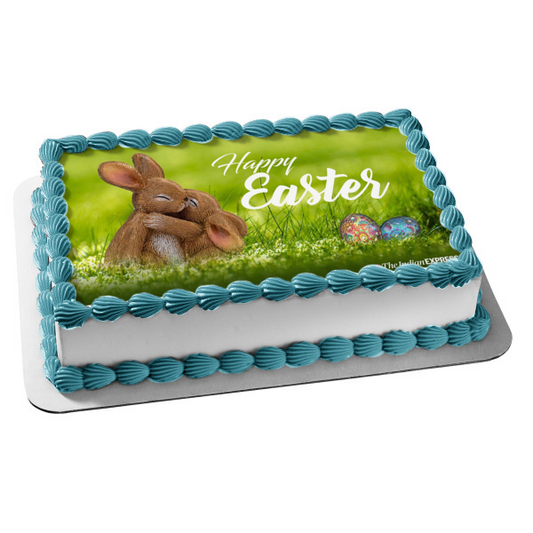 Happy Easter Colorful Easter Eggs and Bunnies Hugging Edible Cake Topper Image ABPID57449