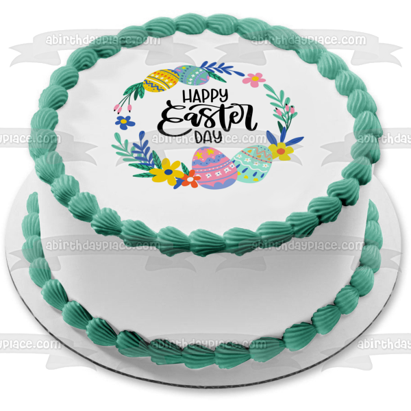 Happy Easter Day Colorful Easter Eggs and Flowers Edible Cake Topper Image ABPID57467