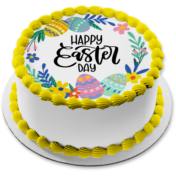 Happy Easter Day Colorful Easter Eggs and Flowers Edible Cake Topper Image ABPID57467