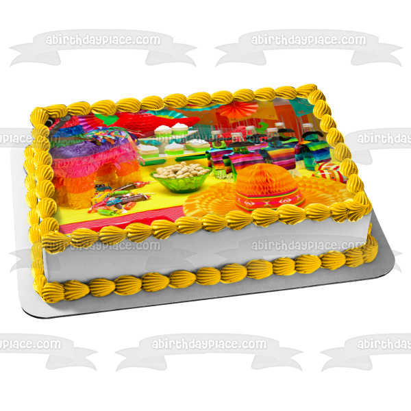 Happy Cinco De Mayo Piñatas Sombreros and Adult Beverages Edible Cake Topper Imagen ABPID57468 
