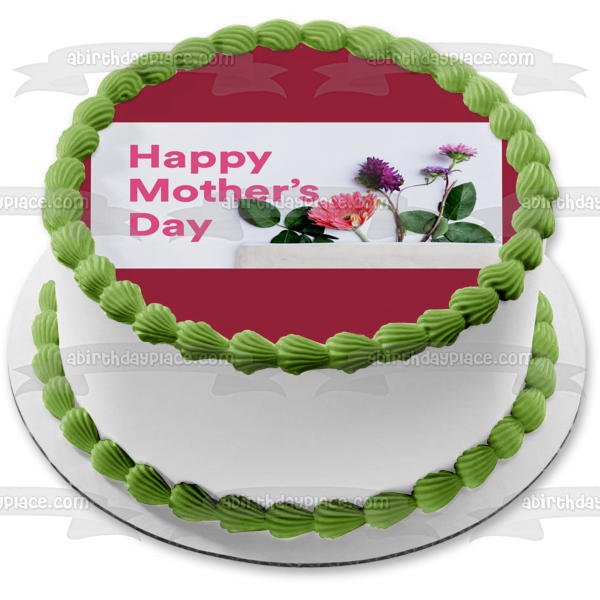 Happy Mother's Day Pink and Purple Flowers Edible Cake Topper Image ABPID57451