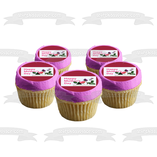 Happy Mother's Day Pink and Purple Flowers Edible Cake Topper Image ABPID57451