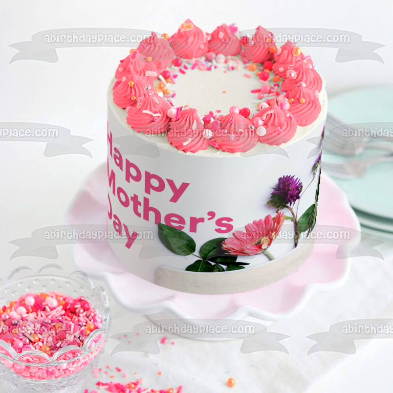 Happy Mother's Day Pink and Purple Flowers Edible Cake Topper Image ABPID57451