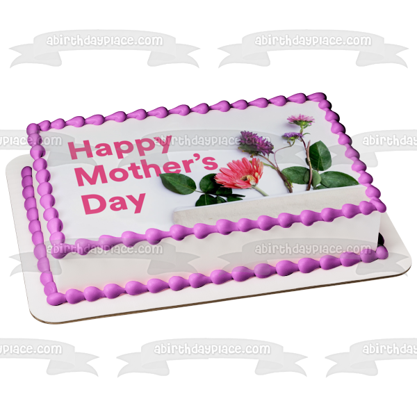 Happy Mother's Day Pink and Purple Flowers Edible Cake Topper Image ABPID57451