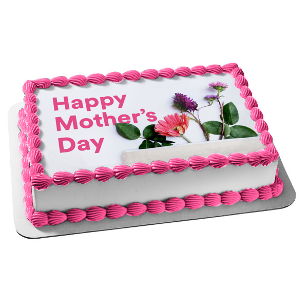 Happy Mother's Day Pink and Purple Flowers Edible Cake Topper Image ABPID57451