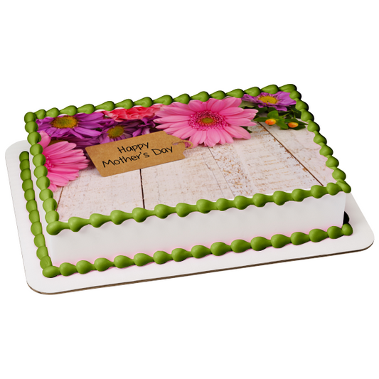 Happy Mother's Day Pink and Purple Flowers Edible Cake Topper Image ABPID57474