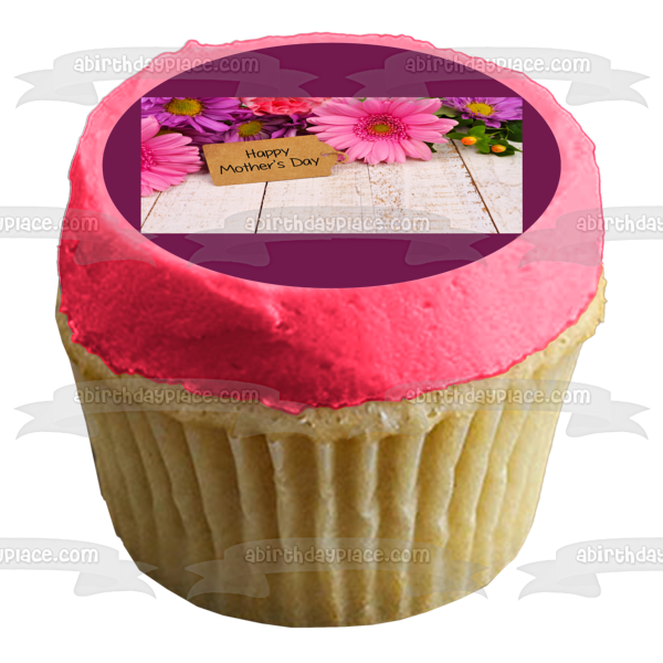 Happy Mother's Day Pink and Purple Flowers Edible Cake Topper Image ABPID57474