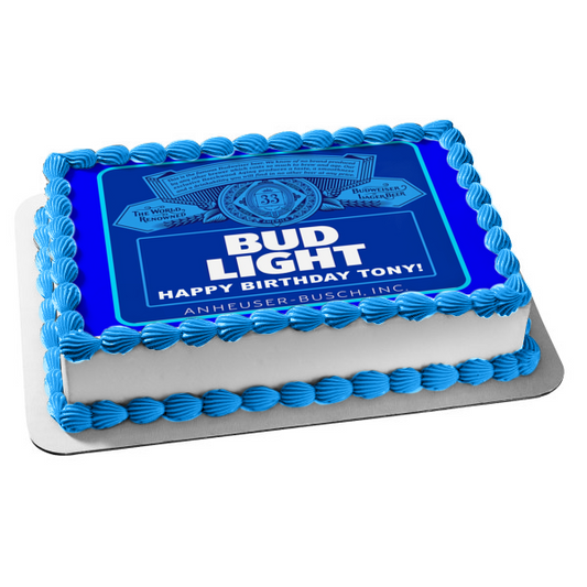Bud Light Anheuser-Busch Label Custom Age and Message Edible Cake Topper Image ABPID57475