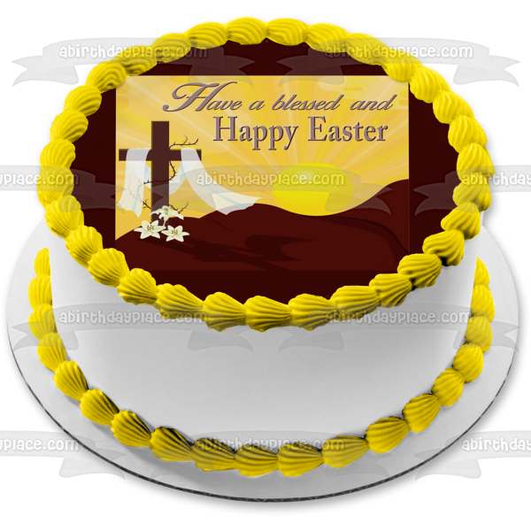 Tenga una bendita y feliz Pascua Cruz y flores Imagen de adorno comestible para pastel ABPID57479 