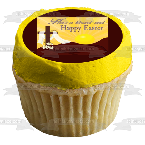 Tenga una bendita y feliz Pascua Cruz y flores Imagen de adorno comestible para pastel ABPID57479 