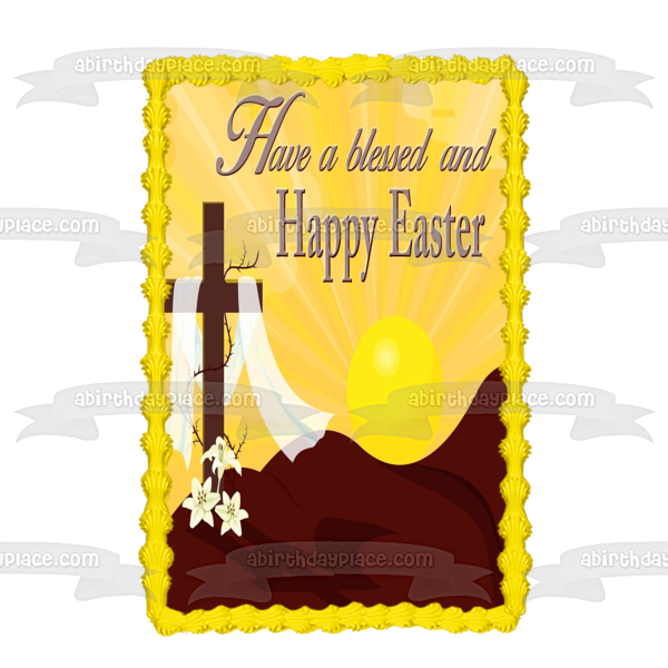 Have a Blessed and Happy Easter Cross and Flowers Edible Cake Topper Image ABPID57479
