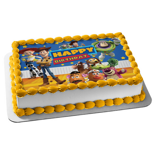 Feliz cumpleaños Personajes de Toy Story Woody Buzz Lightyear Jessie Mr. Potato Head y Mrs. Potato Head Adorno comestible para tarta Imagen ABPID57491 