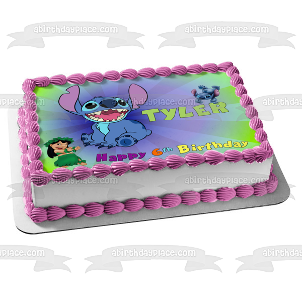 Lilo and Stitch with a Blue Green Fade Background Edible Cake Topper Image ABPID57654