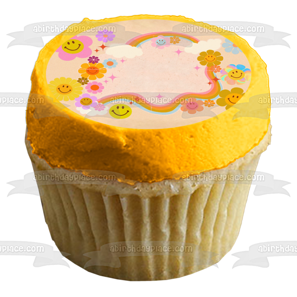 Retro Smiley Face Flowers and a Rainbow Edible Cake Topper Image ABPID57655