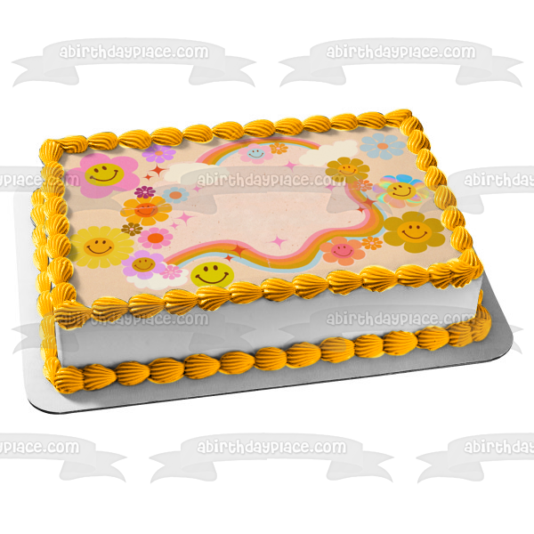 Retro Smiley Face Flowers and a Rainbow Edible Cake Topper Image ABPID57655