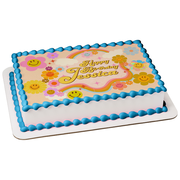 Retro Smiley Face Flowers and a Rainbow Edible Cake Topper Image ABPID57655