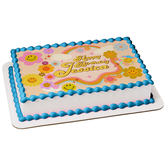 Retro Smiley Face Flowers and a Rainbow Edible Cake Topper Image ABPID57655