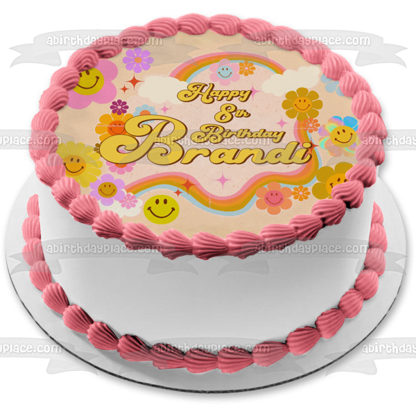 Retro Smiley Face Flowers and a Rainbow Edible Cake Topper Image ABPID57655