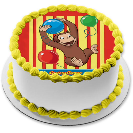 Imagen de decoración comestible para tarta con globos y fondo de circo de Jorge el Curioso ABPID57658 