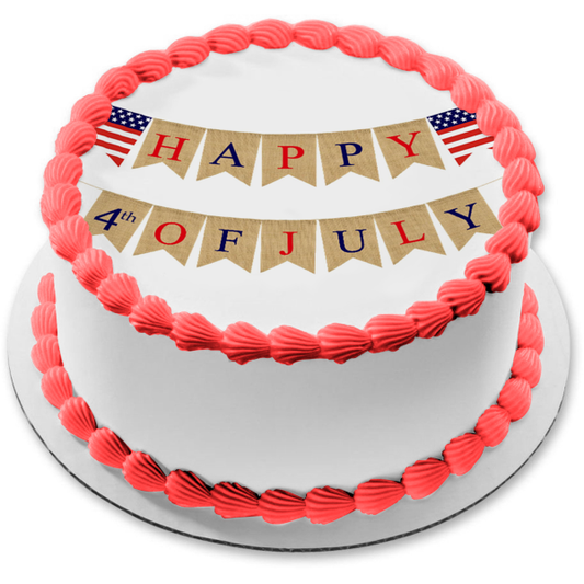 Happy 4th of July Banner with American Flags Edible Cake Topper Image ABPID57692