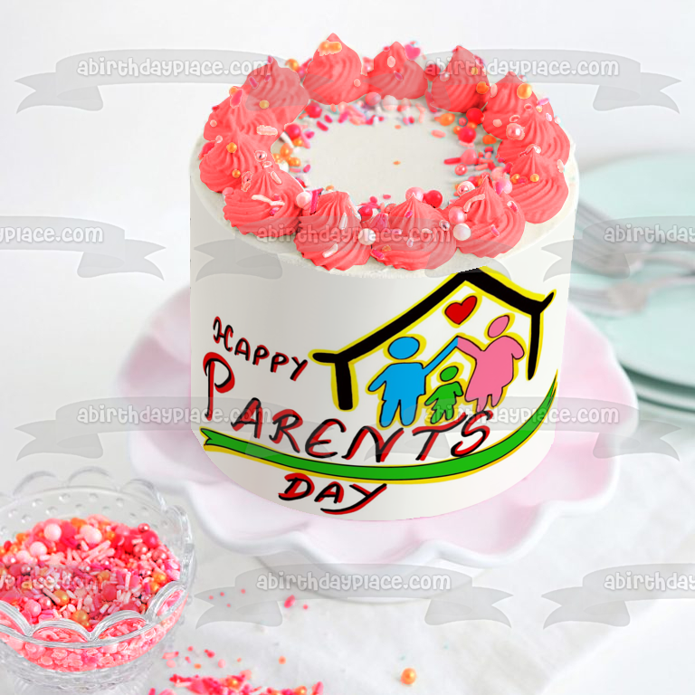 Feliz día de los padres, familia y corazones, decoración comestible para tarta, imagen ABPID57702 