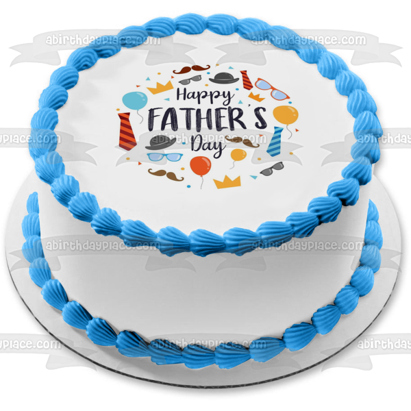 Happy Father's Day Hats Balloons Glasses and Ties Edible Cake Topper Image ABPID57697